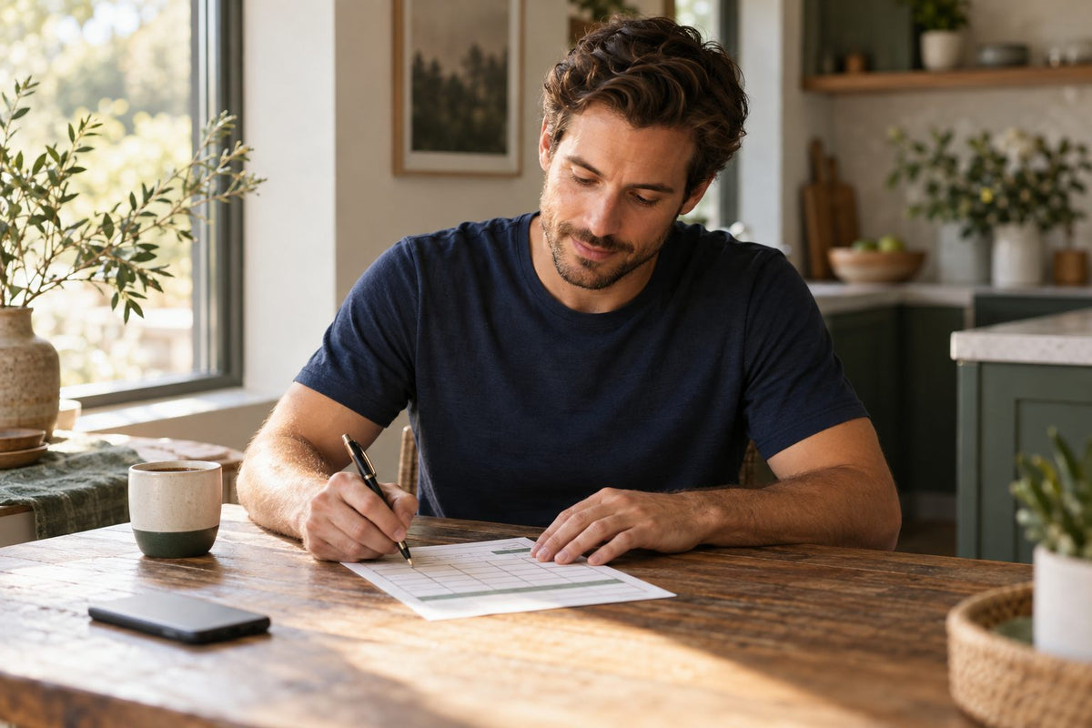Man filling in his scorecard at the kitchen table