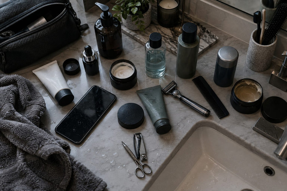 Bathroom counter covered in grooming products