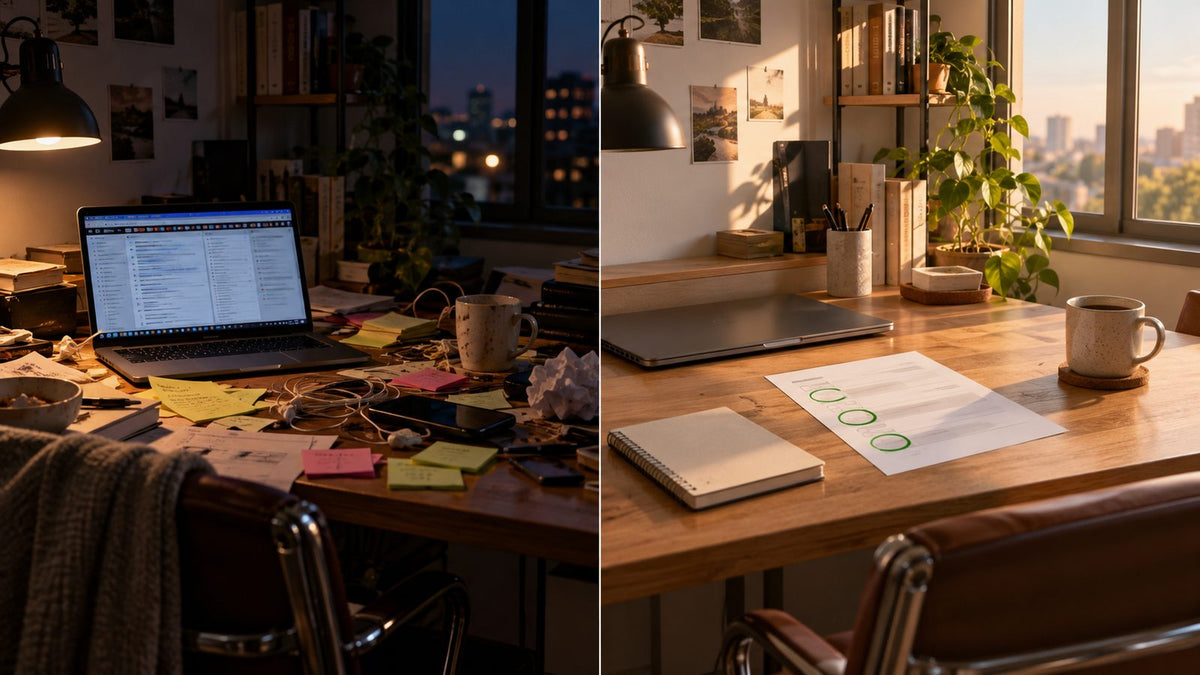 A cluttered desk next to a tidy desk with three priorities circled